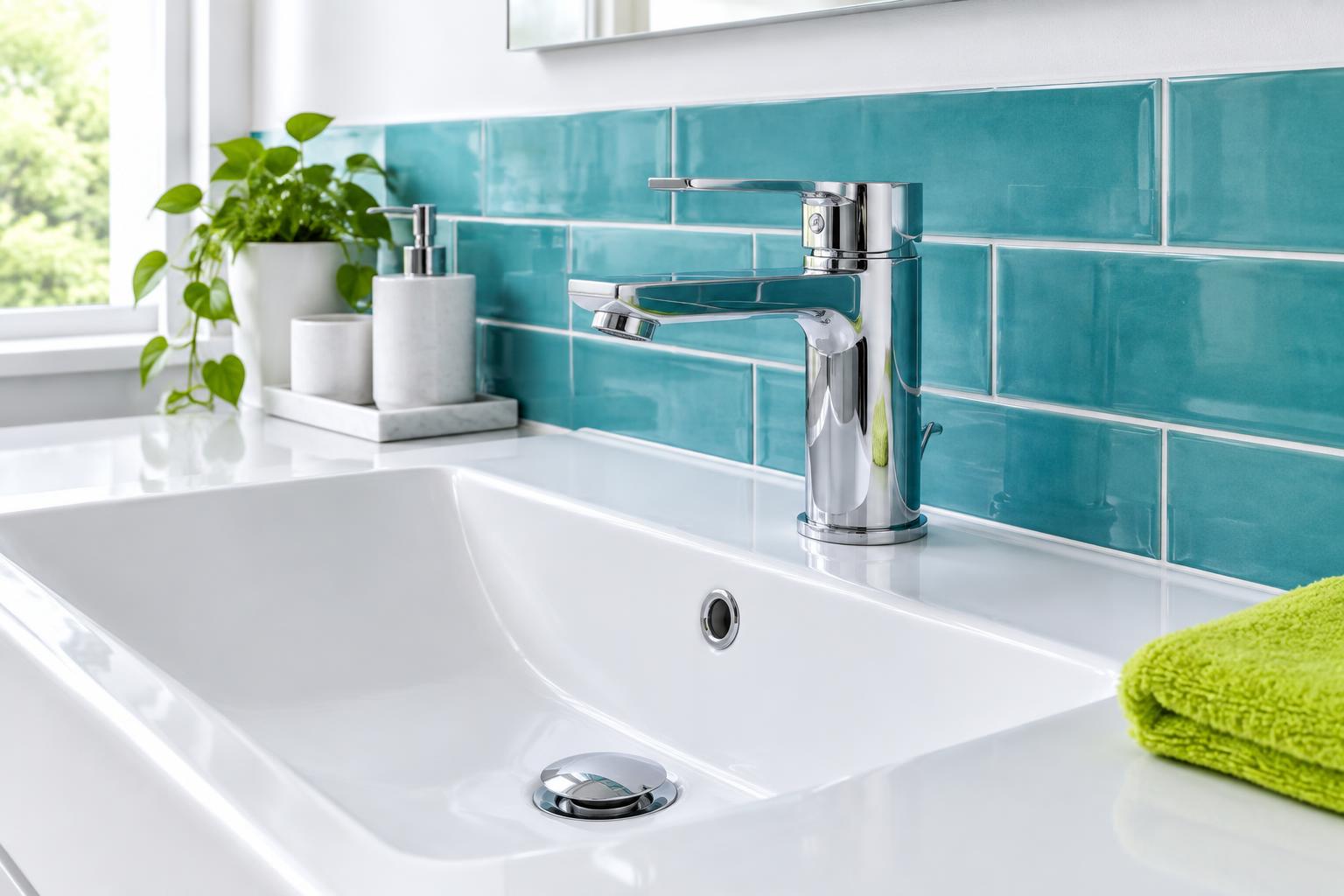Robinetterie et lavabo avec carrelage turquoise